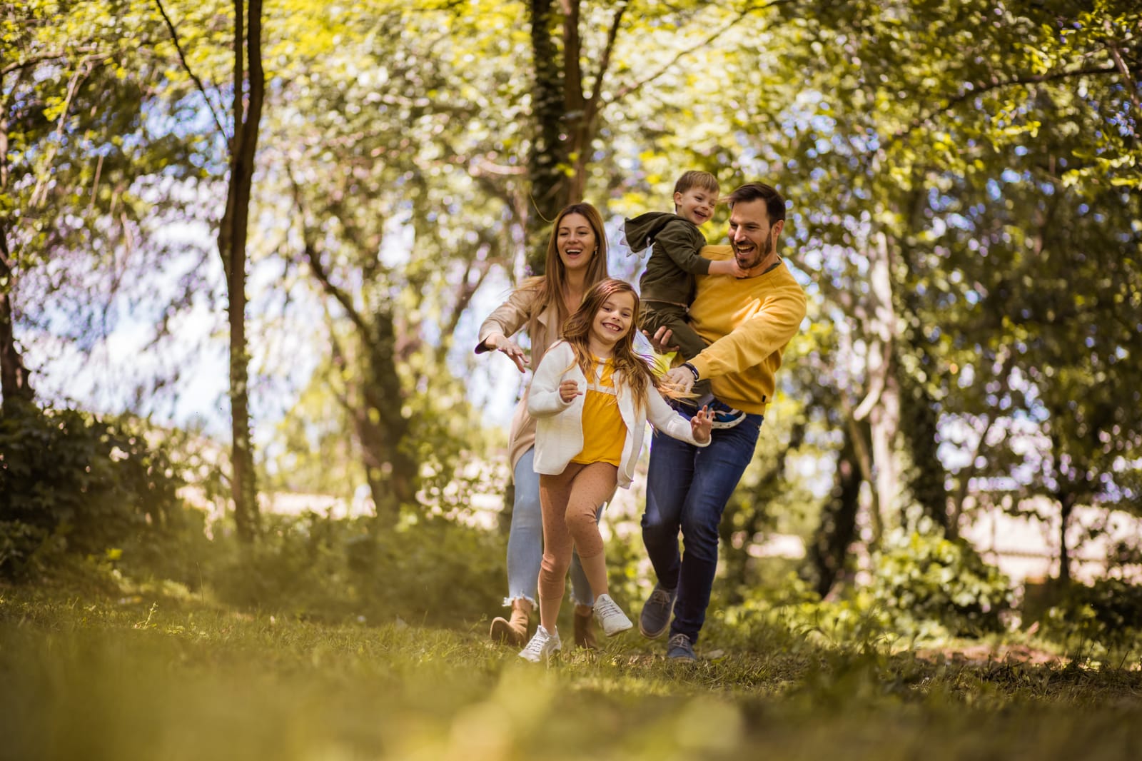 Family Playing Running Green Forest